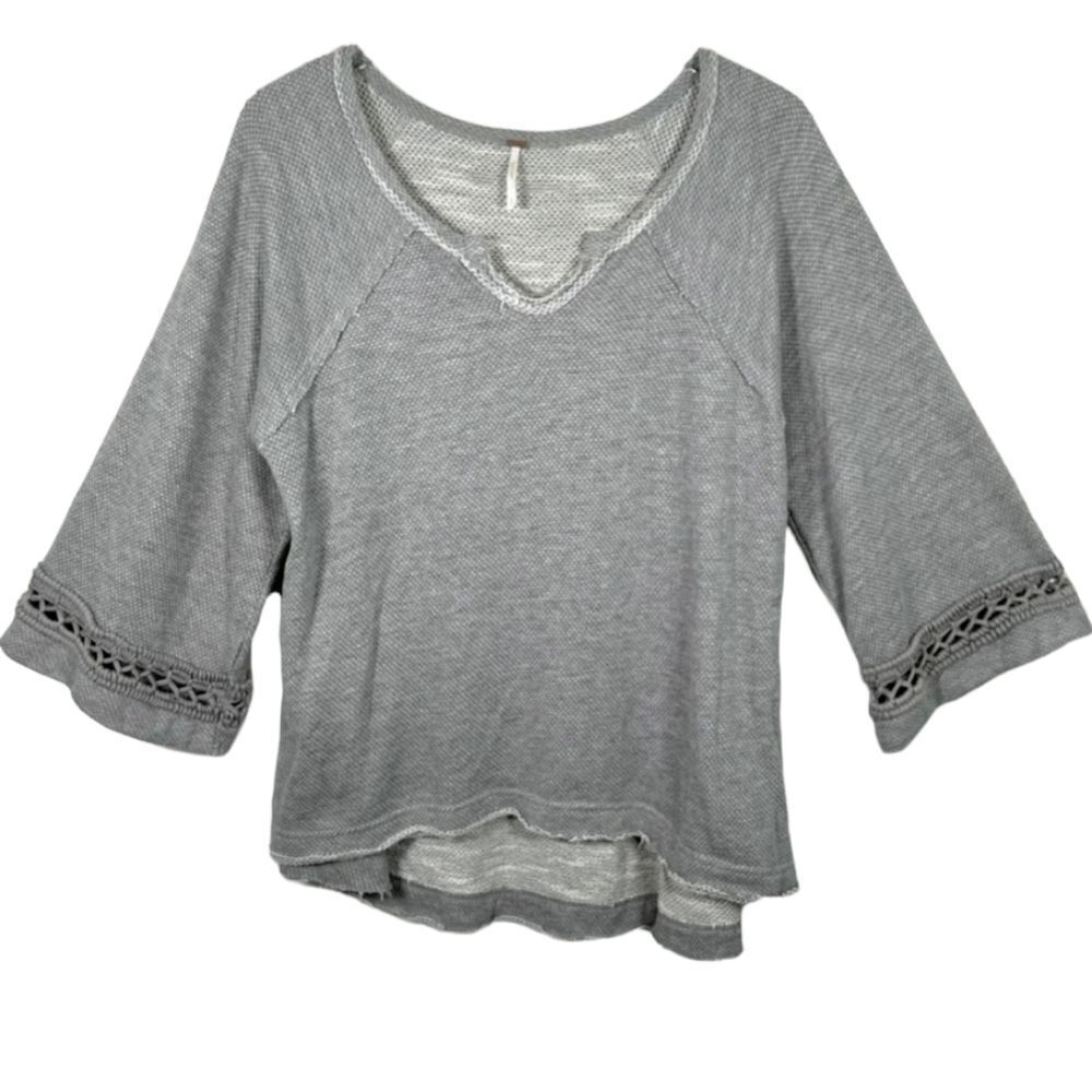 Free People Oversized Split Boatneck Bell Sleeve Crotchet Hi-Lo Raw Hem Thermal